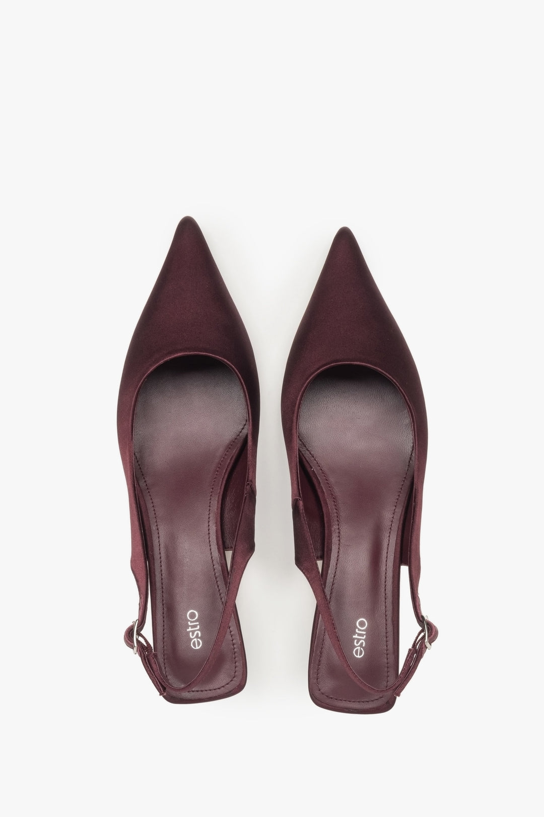 Women’s burgundy slingback pumps with an open heel, low heel, estro – top view.