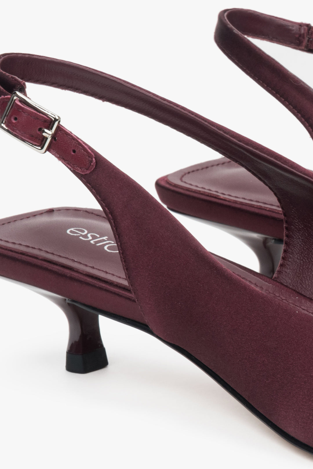 Burgundy women’s slingback pumps by Estro – heel close-up.