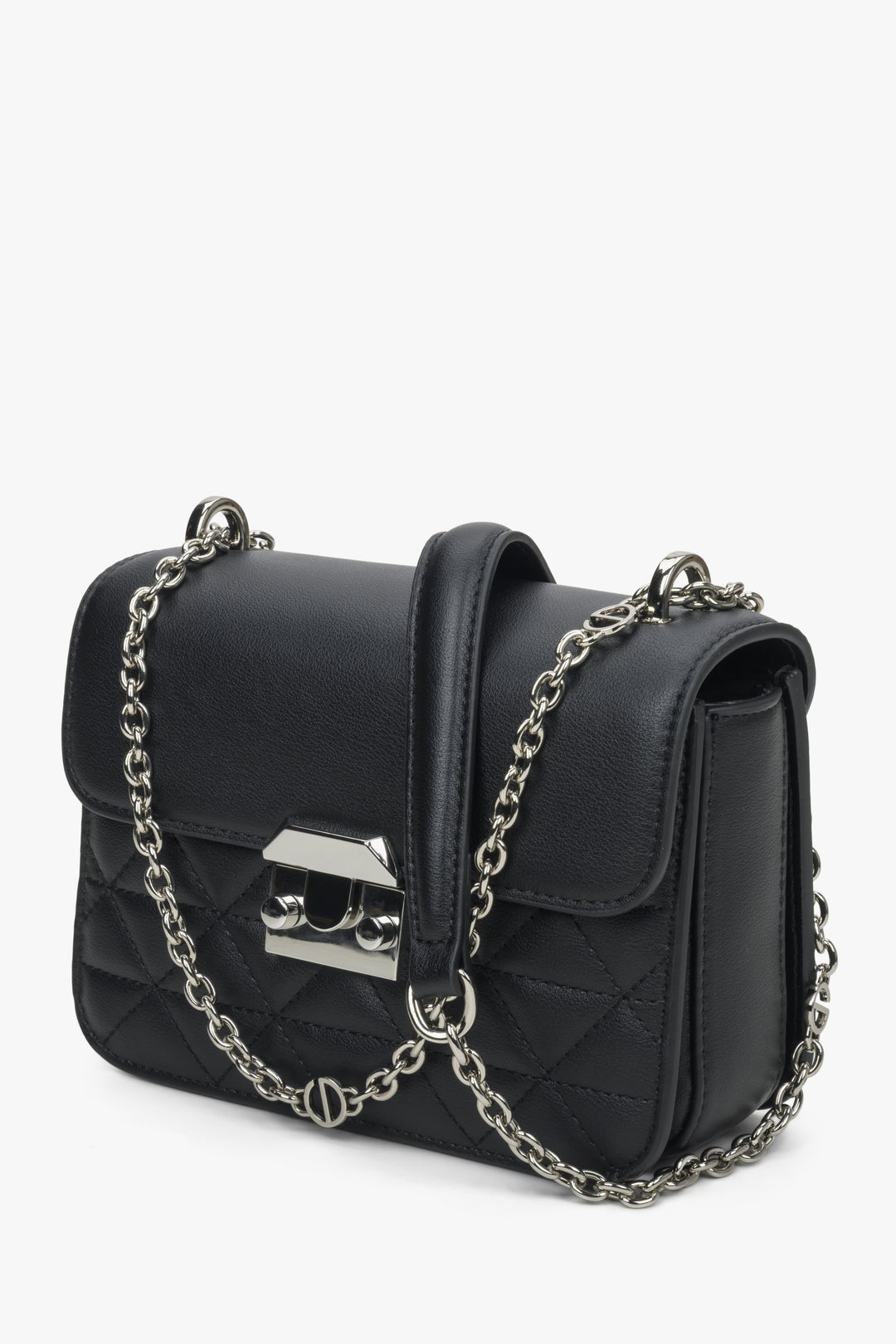 Estro black leather shoulder bag with silver accents.