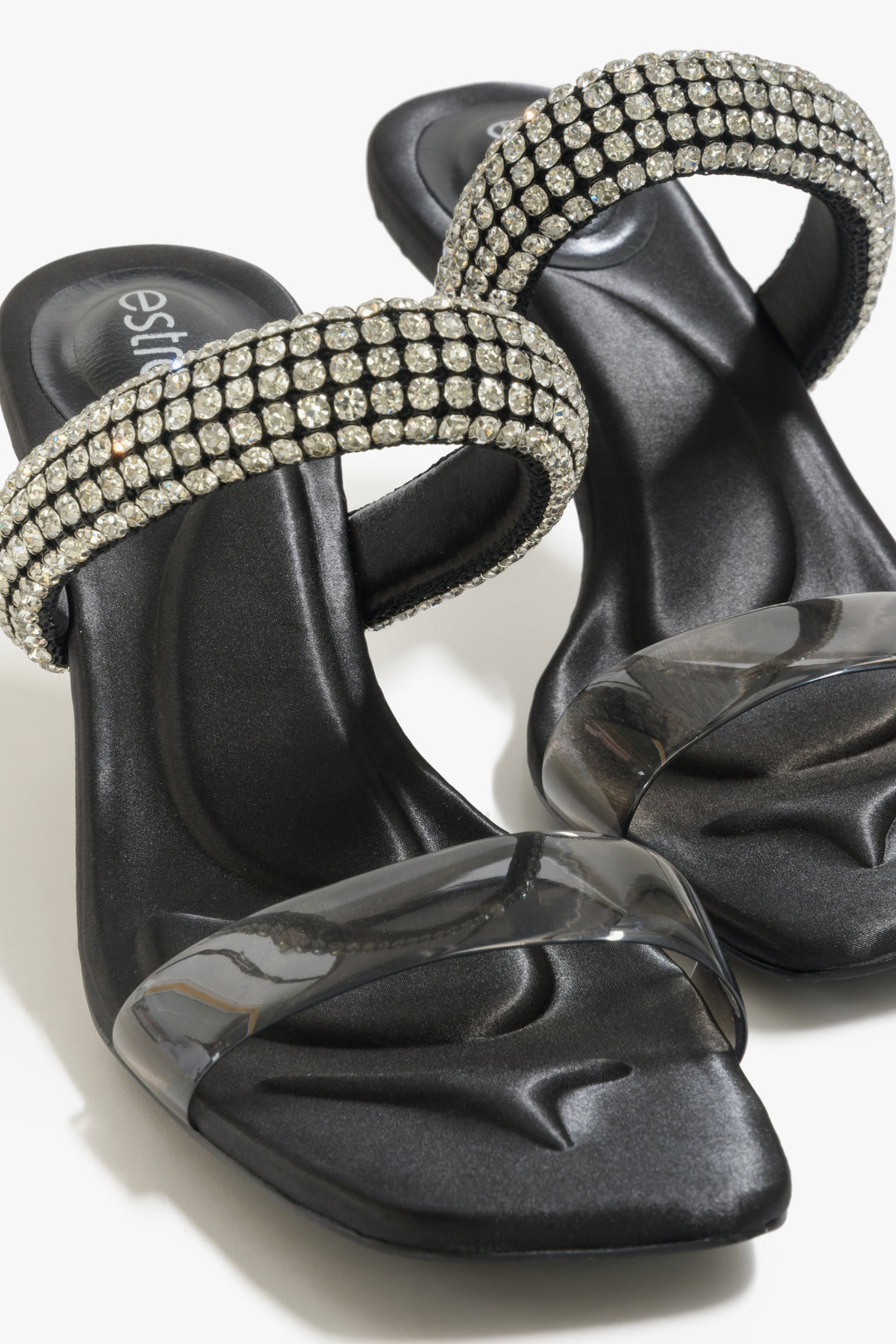 Women's black slide sandals with stiletto heel and zirconia - presentation form the top.