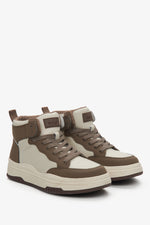 Leather high-top women's sneakers by Estro in beige-brown color.