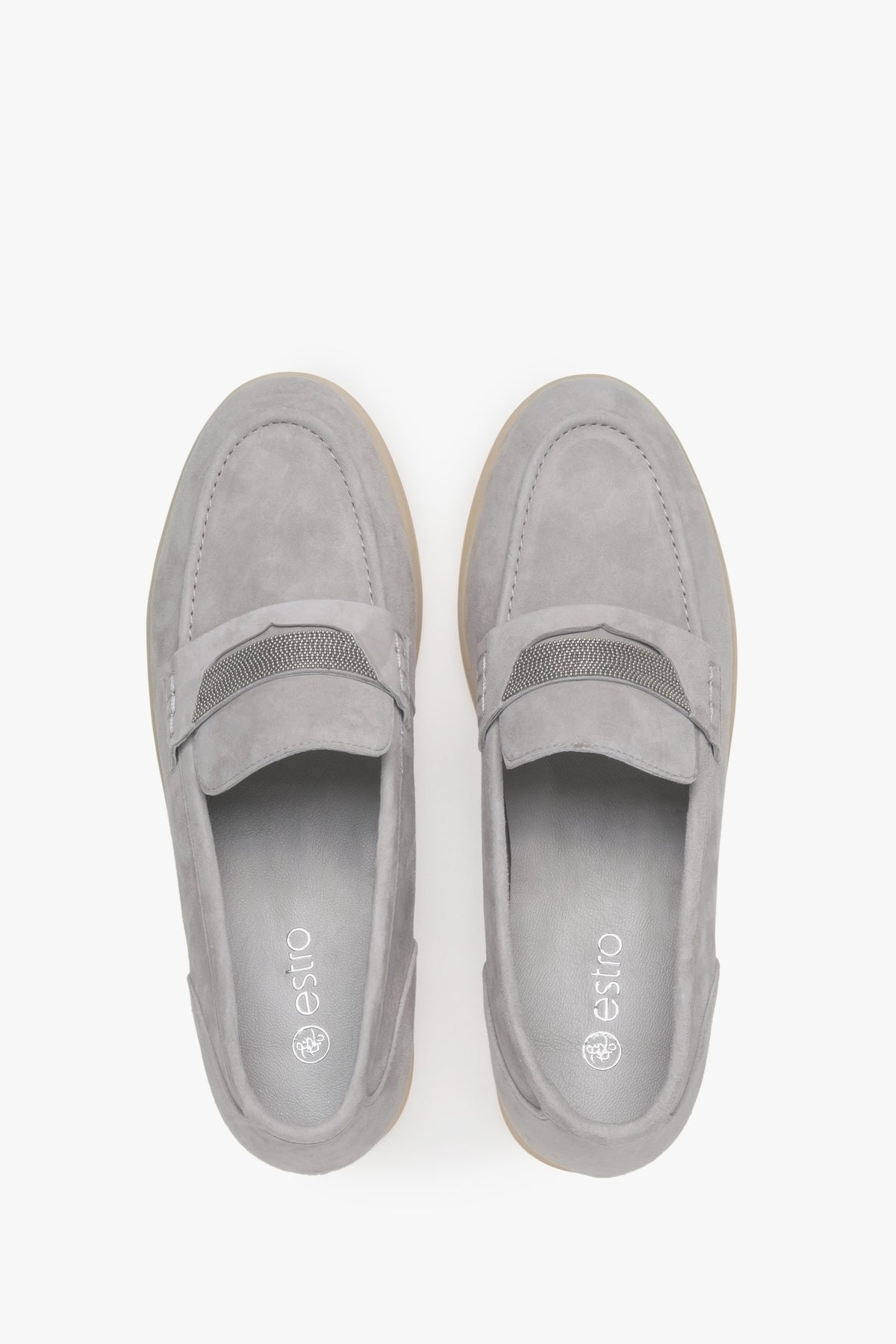 Women's grey velour moccasins by Estro - top view presentation.