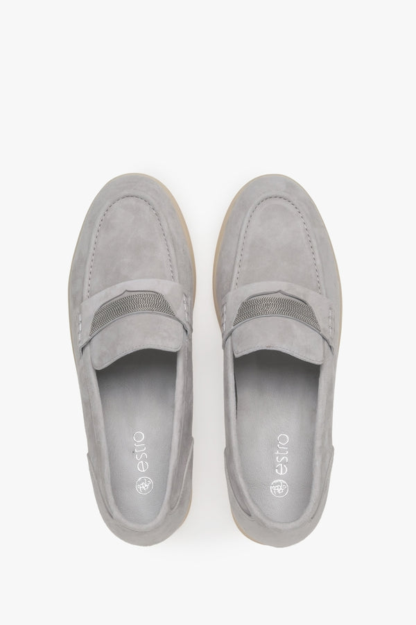 Women's grey velour moccasins by Estro - top view presentation.