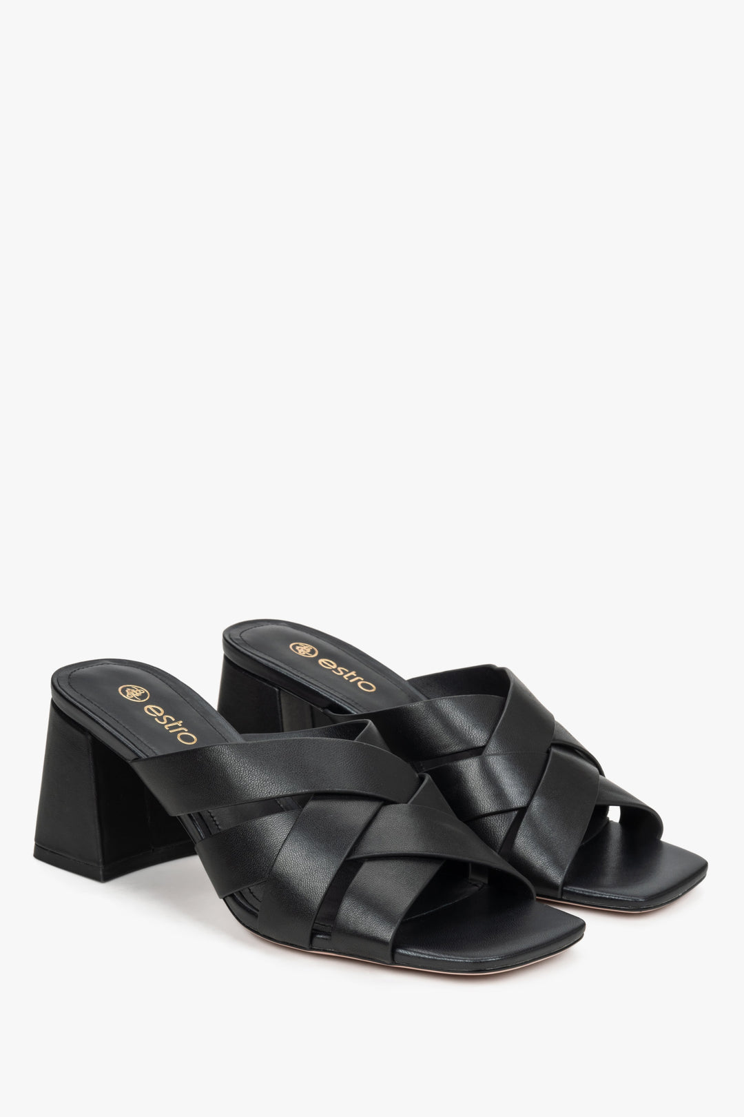 Leather women's black sandals with a block heel by Estro.