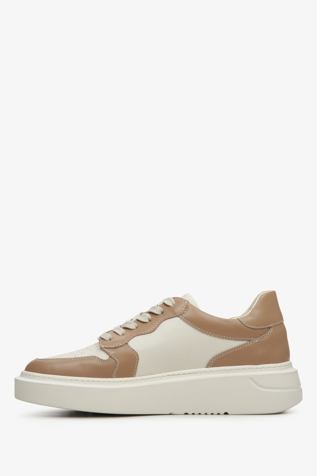 Women's beige and brown sneakers made of genuine leather - shoe profile.