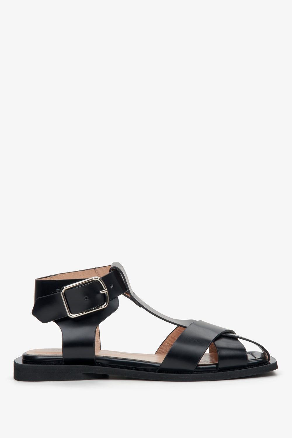 Women's Black Leather Strapped Flat Sandals Estro ER00111648.