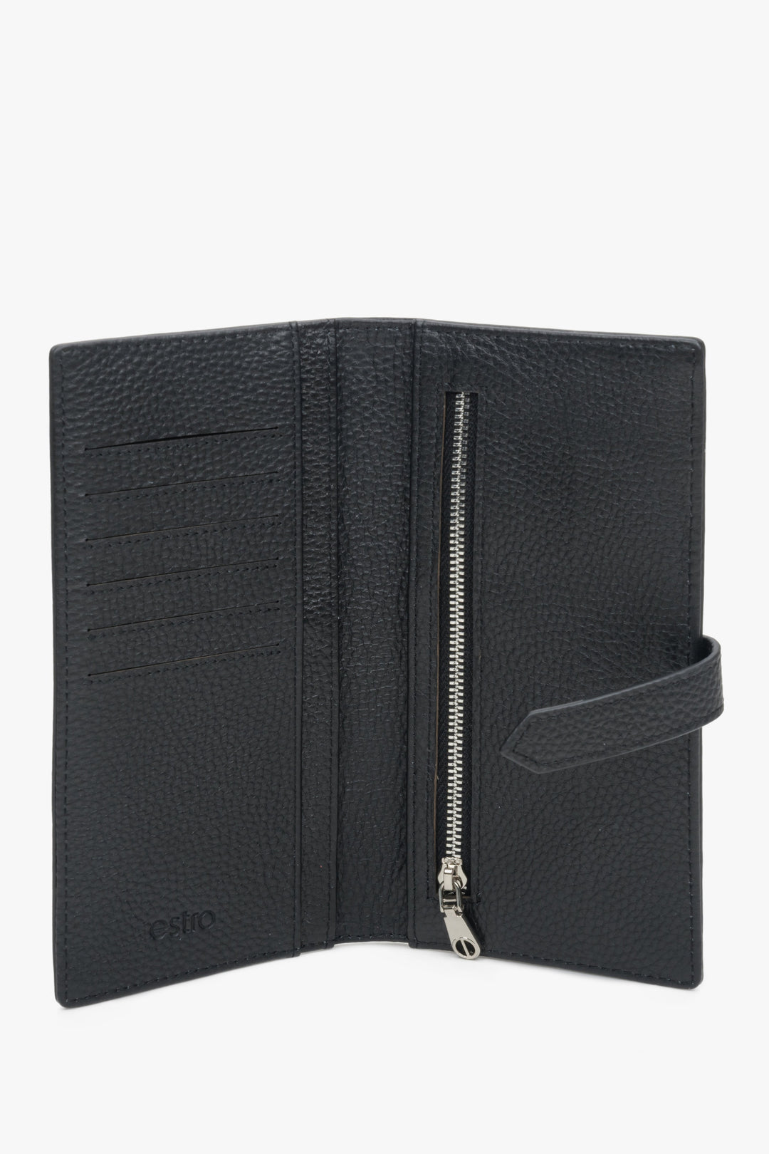 Large, black leather women's wallet by Estro - interior model.