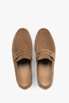 Top view of premium caramel men's loafers, emphasizing the comfortable slip-on style and natural leather lining.