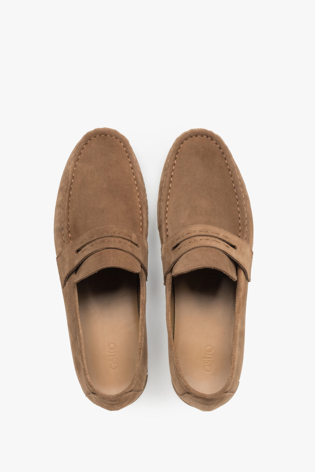 Top view of premium caramel men's loafers, emphasizing the comfortable slip-on style and natural leather lining.