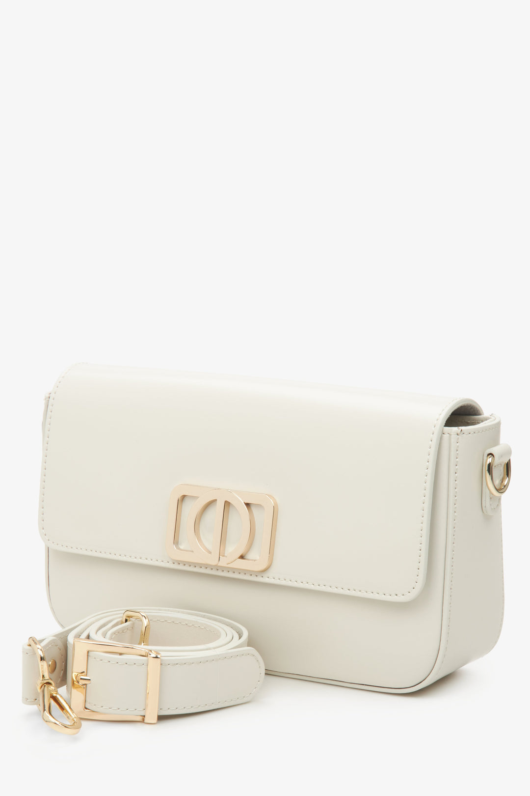 Milky-beige handbag, small in size, designed for women.