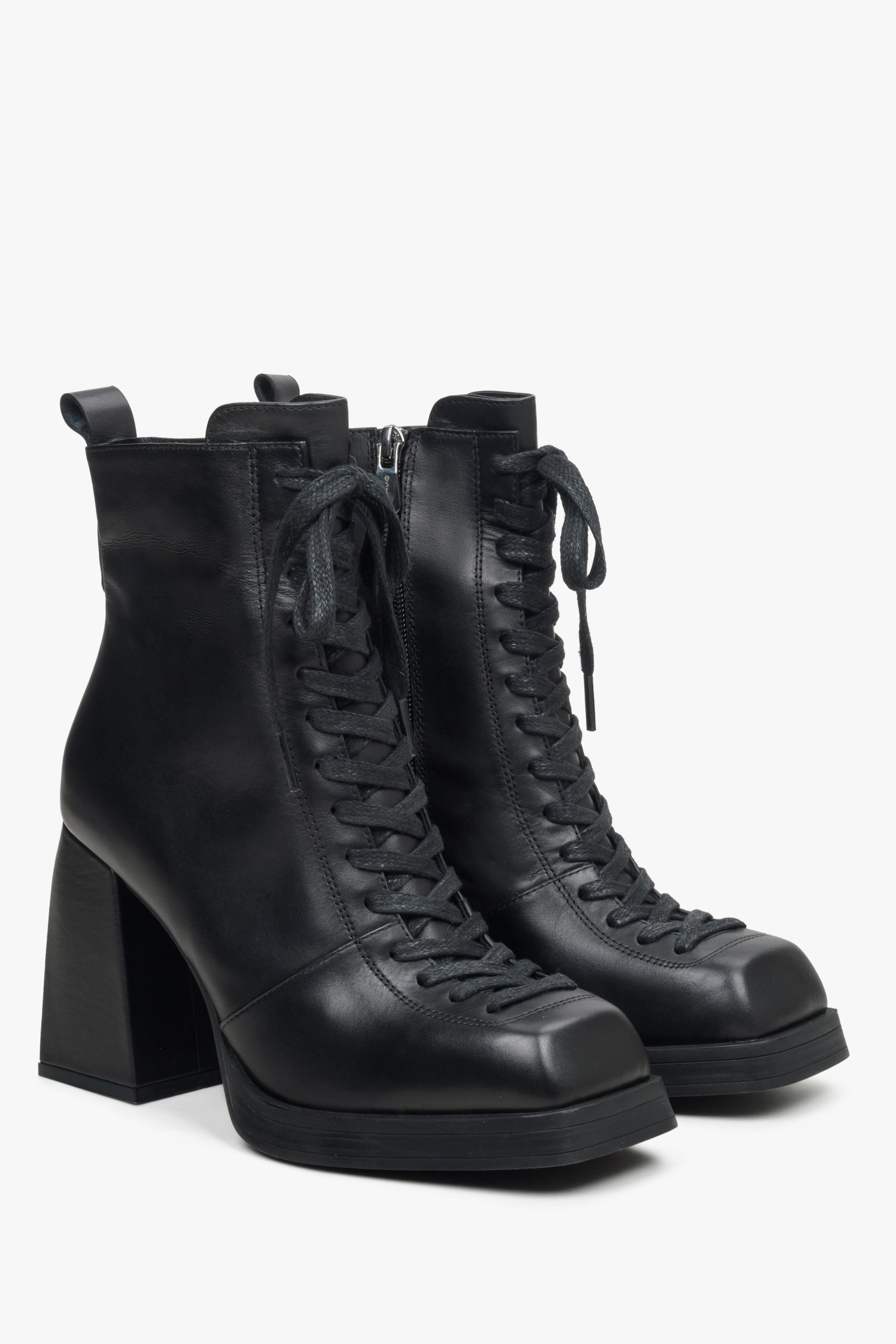 Women's black block heel ankle boots.