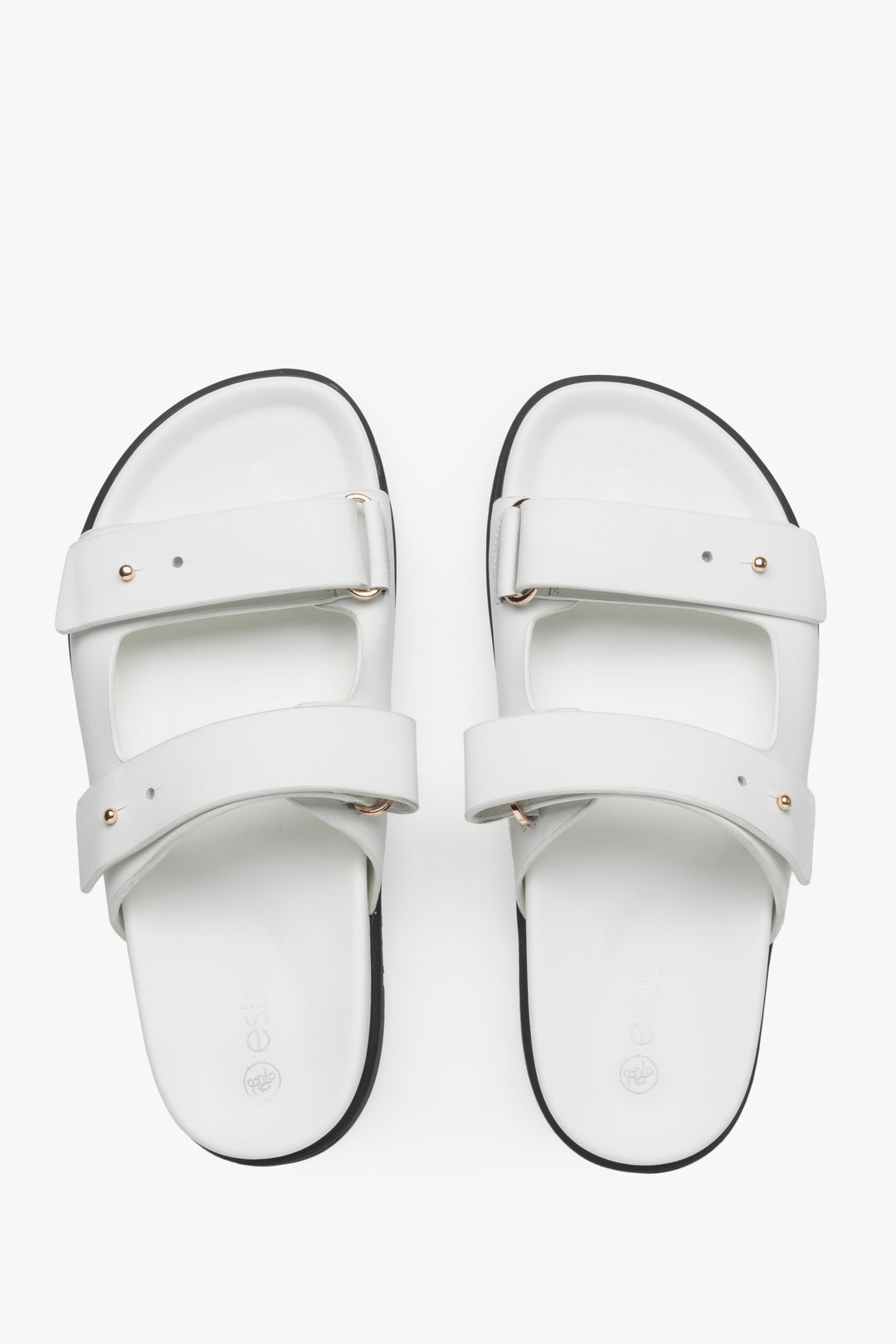 Women's white leather slides by Estro - top view presentation.