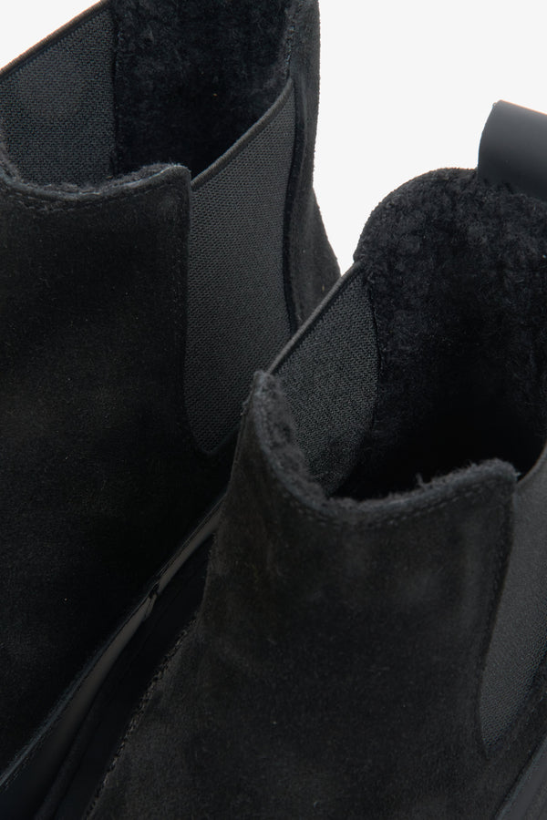 Close-up of the details of women's black velour Chelsea boots for winter by Estro.