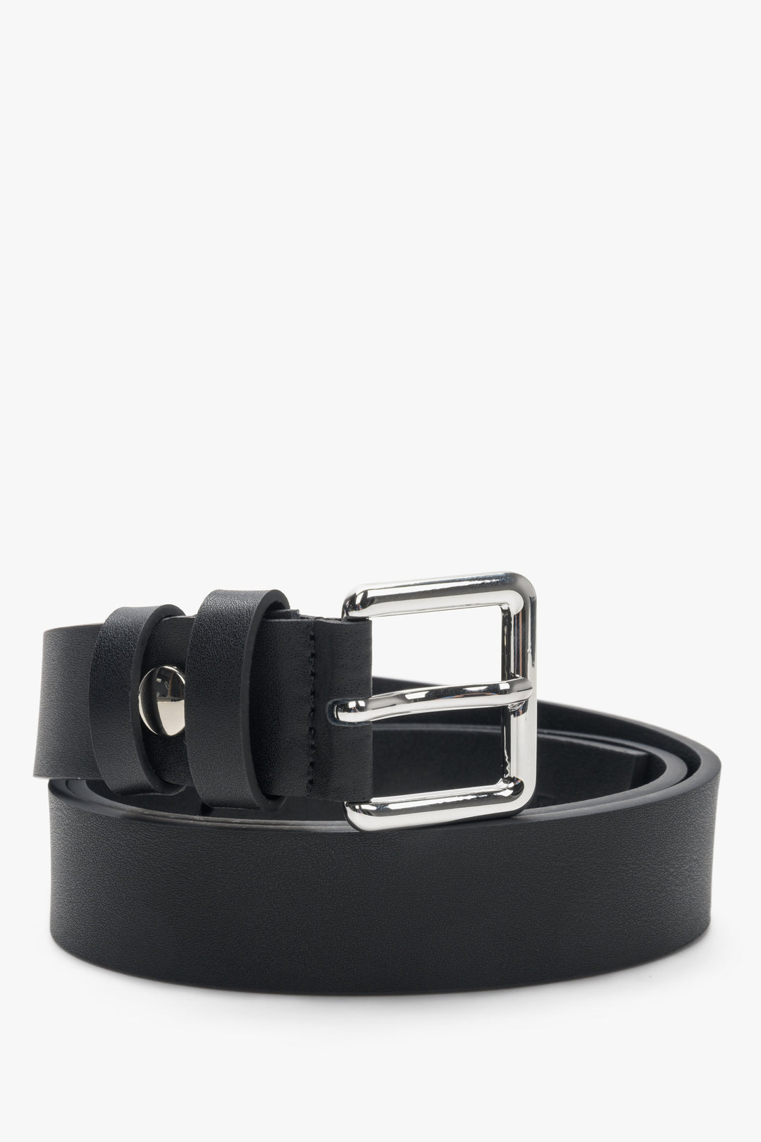 Black Women's Leather Belt with Silver Buckle and Tapered End Estro ER00113197.