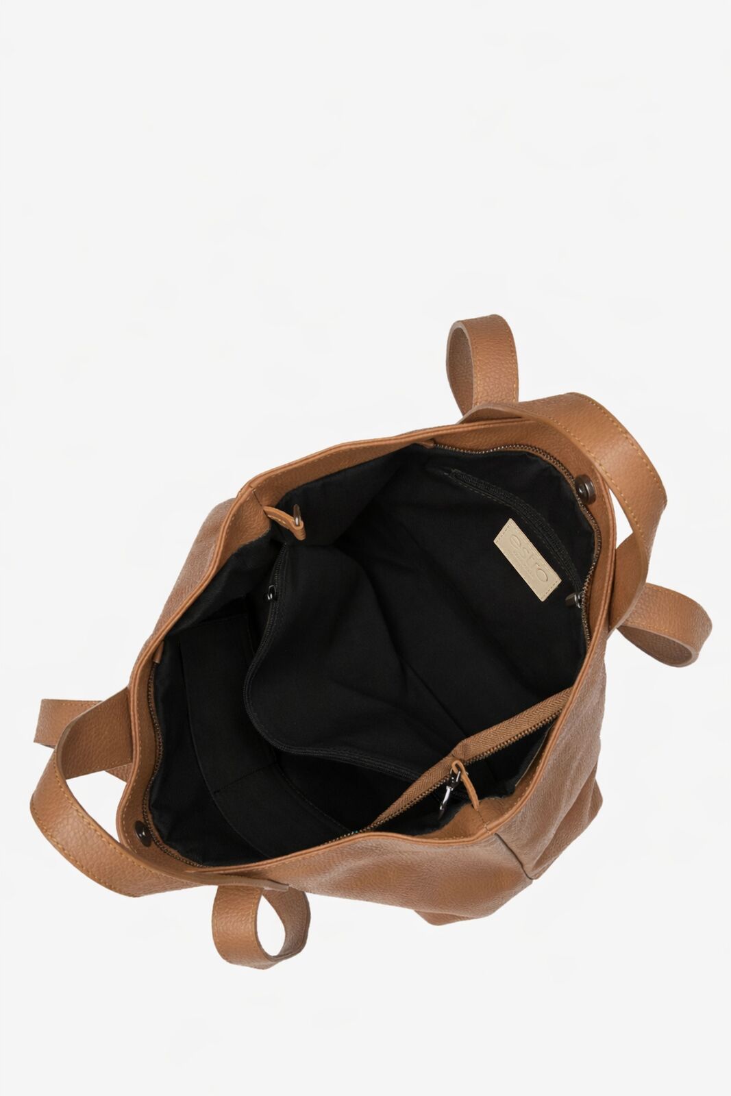 Women's brown shopper-style handbag made from genuine leather by Estro - close-up on the interior of the model.