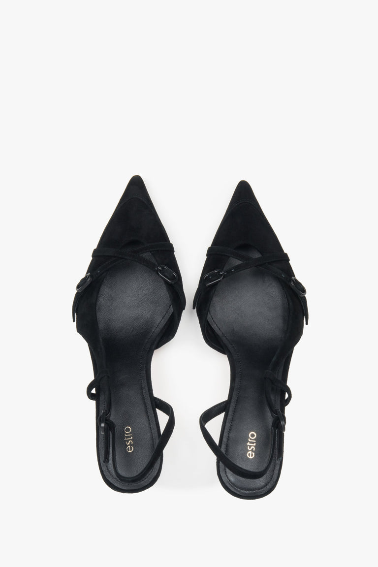 Women's black velour low heel slingback shoes by Estro.