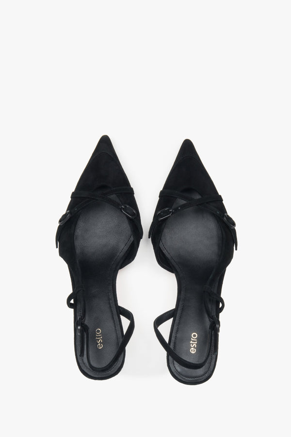 Women's black velour low heel slingback shoes by Estro.