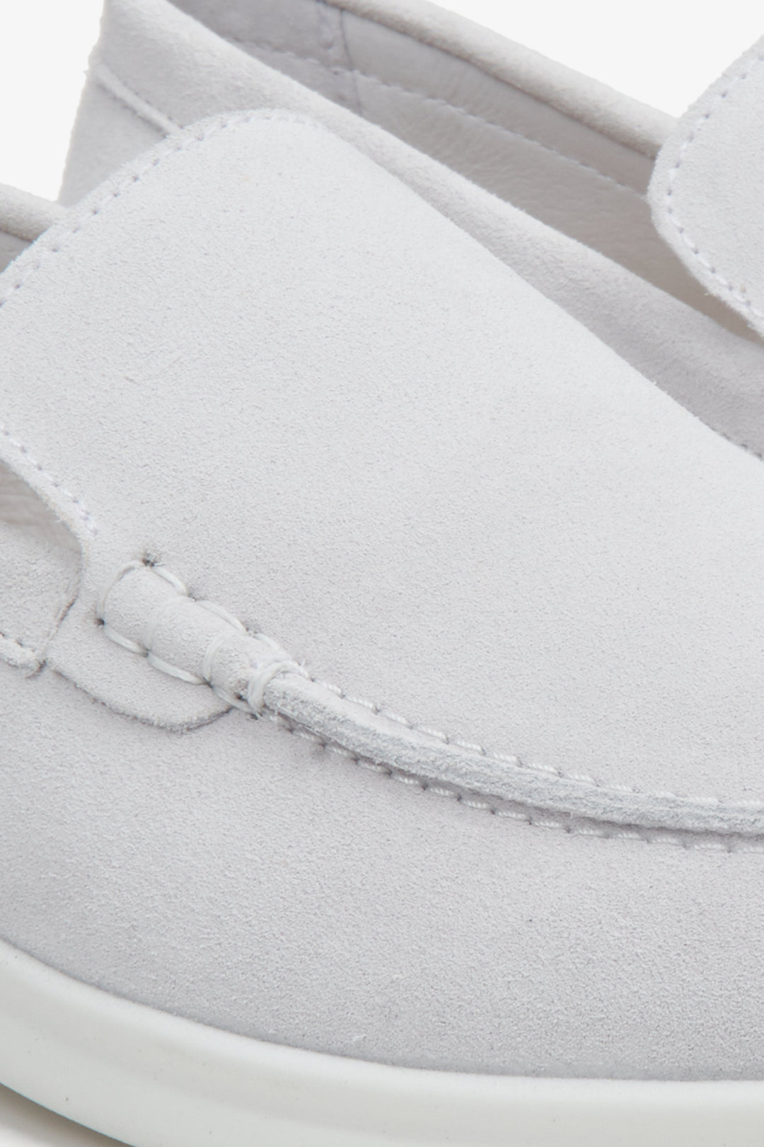 Women's light grey suede Estro moccasins - close-up of the sewing system.