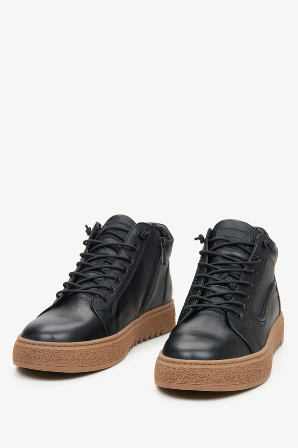 Men's high sneakers made of genuine leather in black Estro - front view of the model