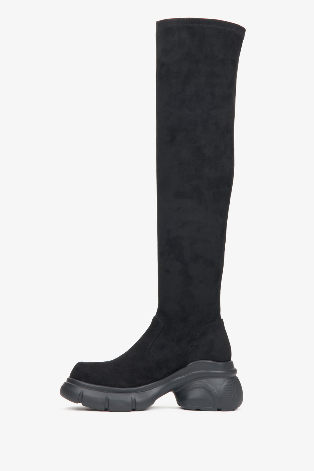 Women’s black velour platform boots - profile view of the shoe.