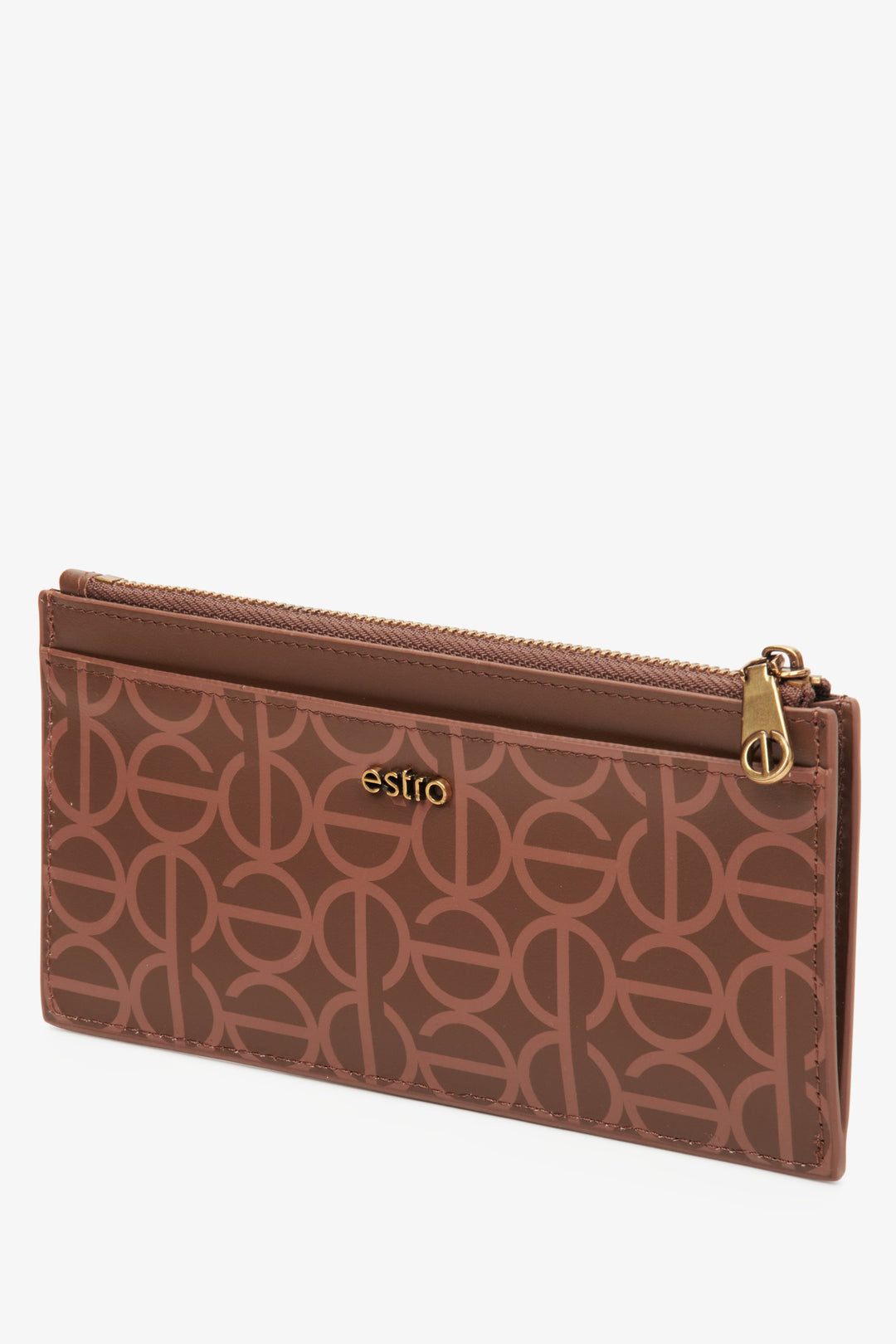Stylish, large, women's brown wristlet by Estro, made of genuine leather with golden accents.