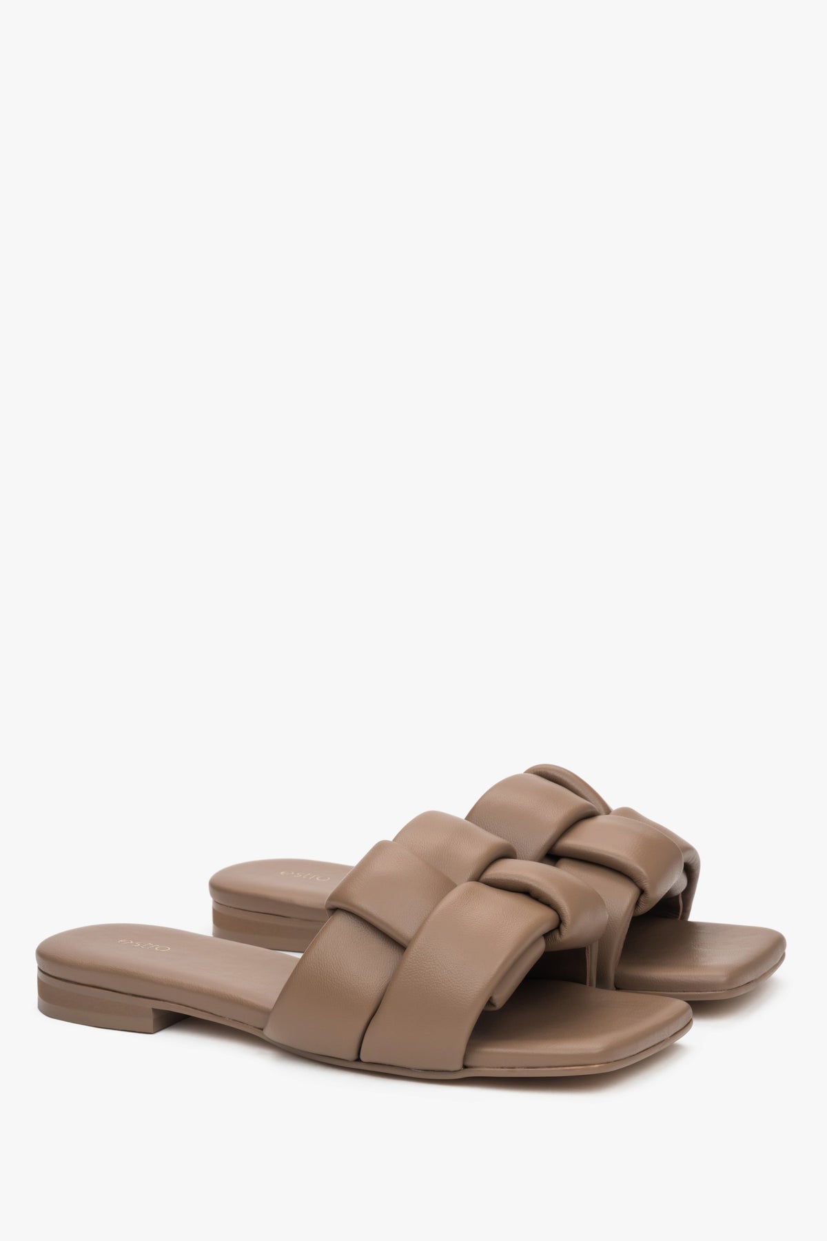 Women's light brown leather flat slides by Estro.