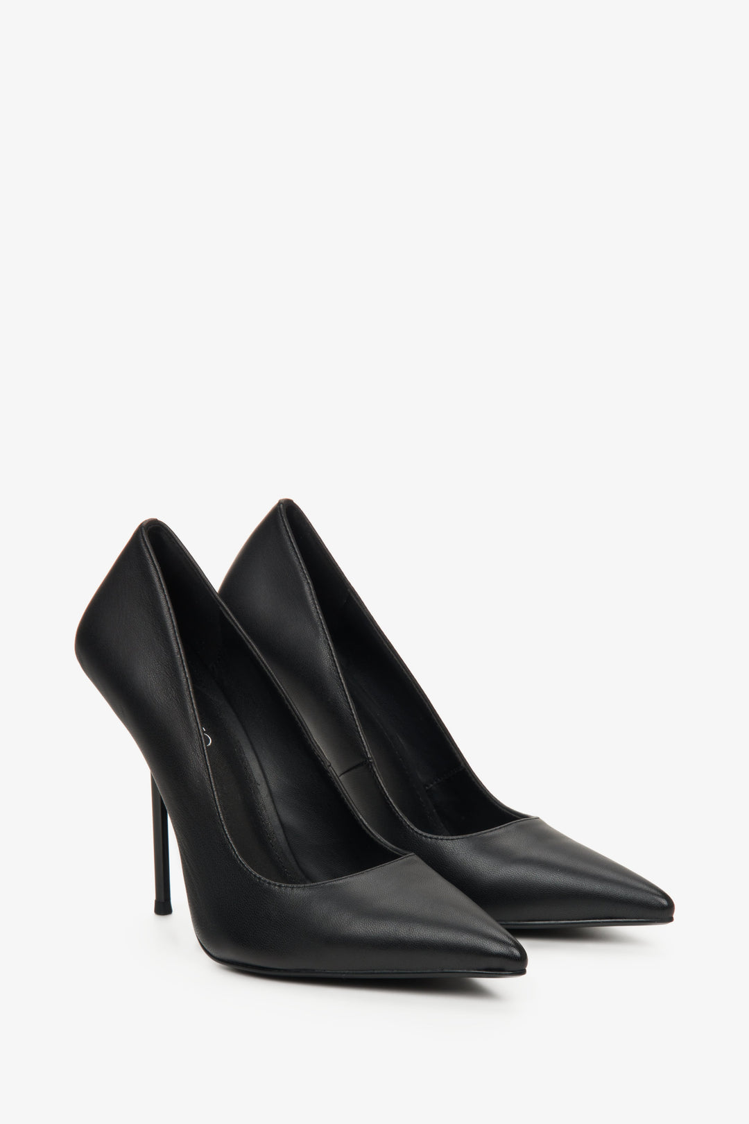 Women's black leather stiletto heels with a pointed toe.