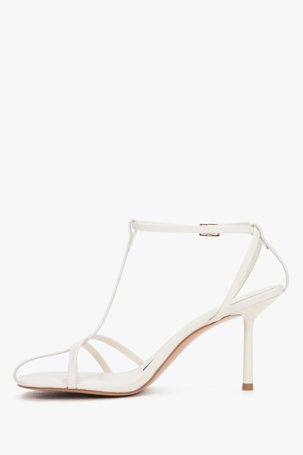 Cream beige leather high heel sandal with ankle strap by Estro Selection