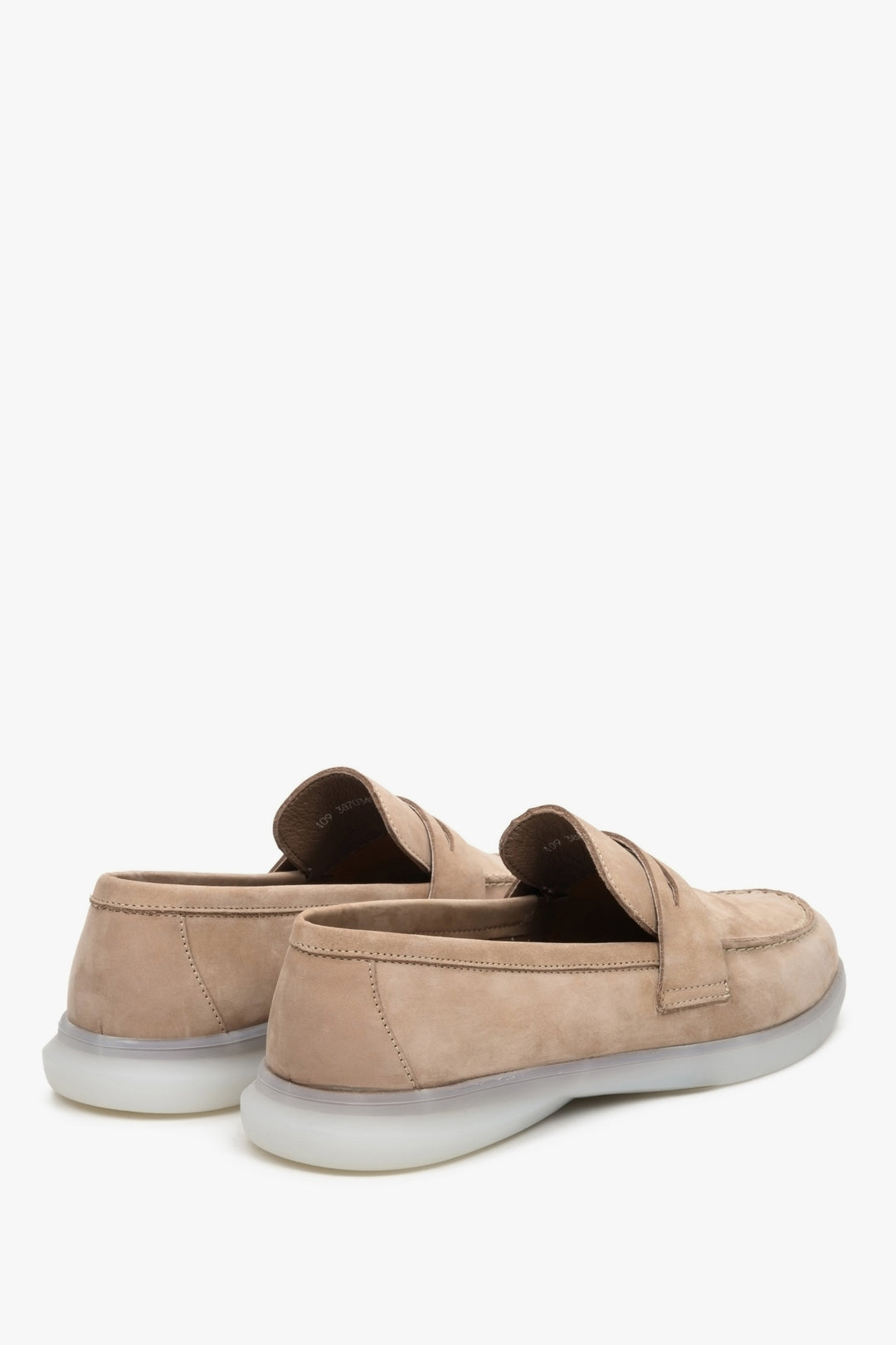 Men's nubuck leather moccasins by Estro - close-up on the heel and side seam.