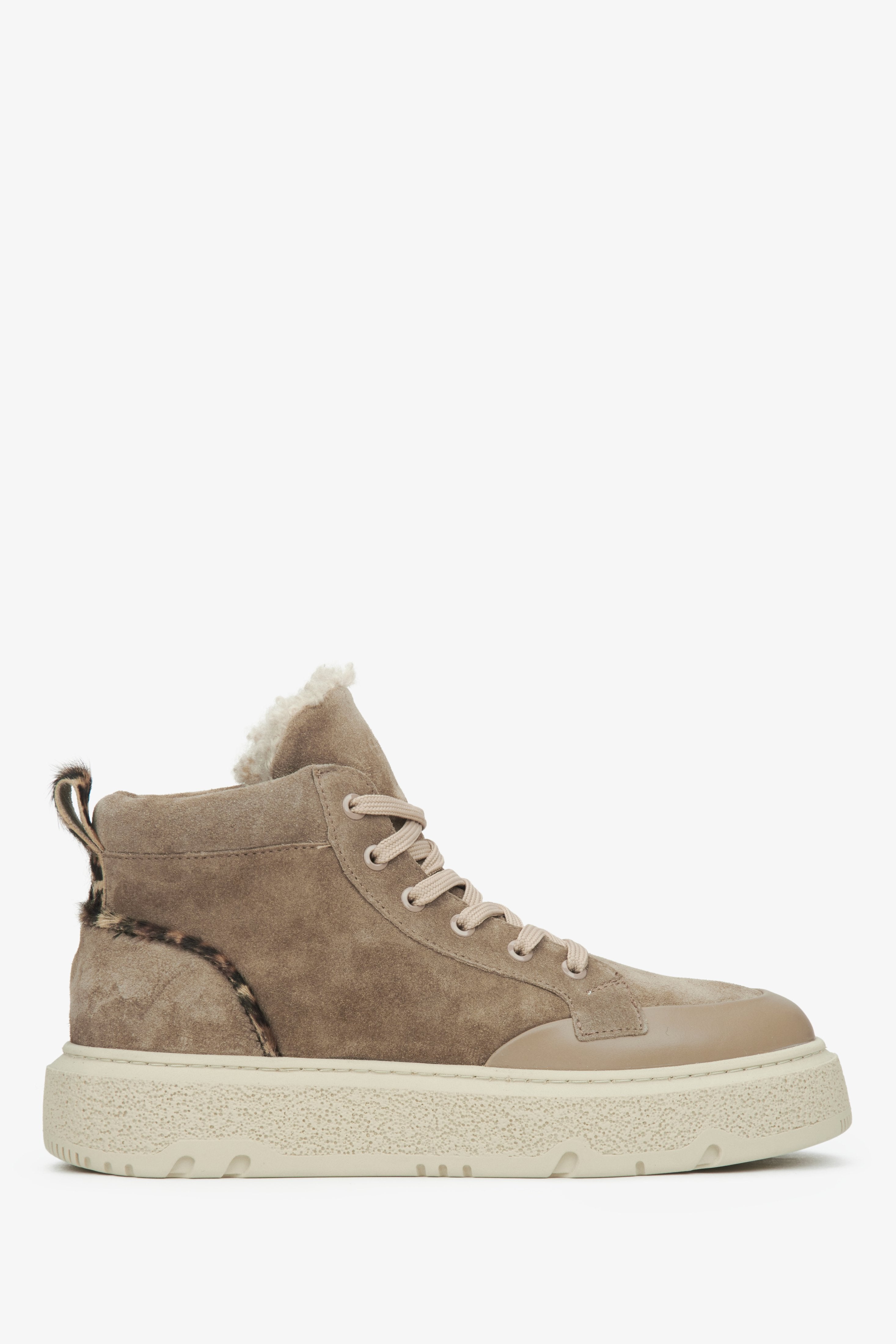 Women's Beige High-Top Winter Sneakers made of Velour & Fur Estro ER00116247