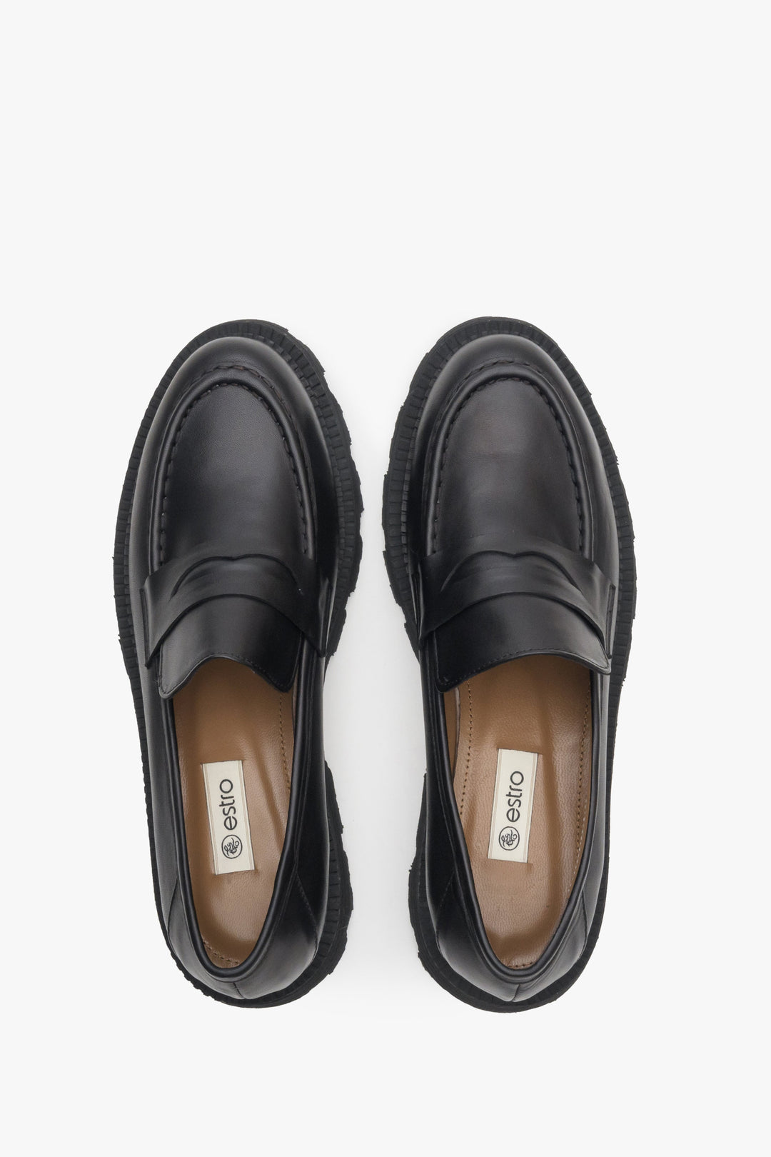 Women's black leather loafers by Estro - top view presentation of the model.