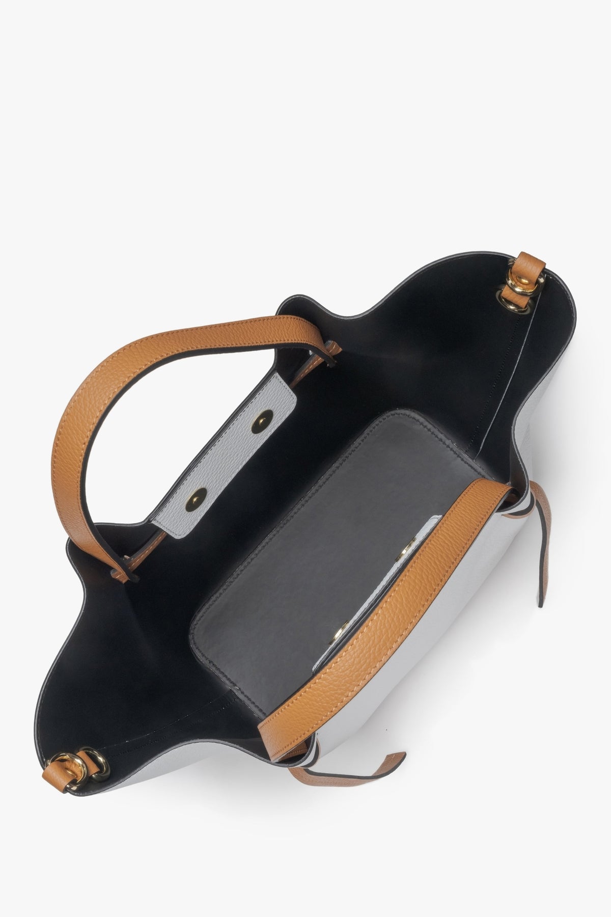 Women's boat-shaped bag in premium white genuine leather – interior presentation.
