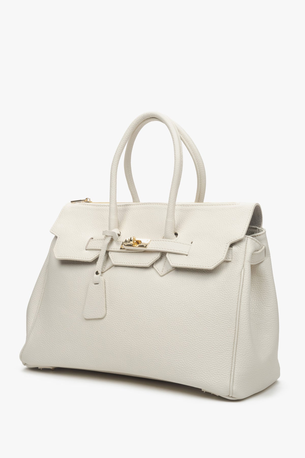 Women's satchel handbag in a delicate milky-beige shade, made of genuine Italian leather, known for its exceptional quality.