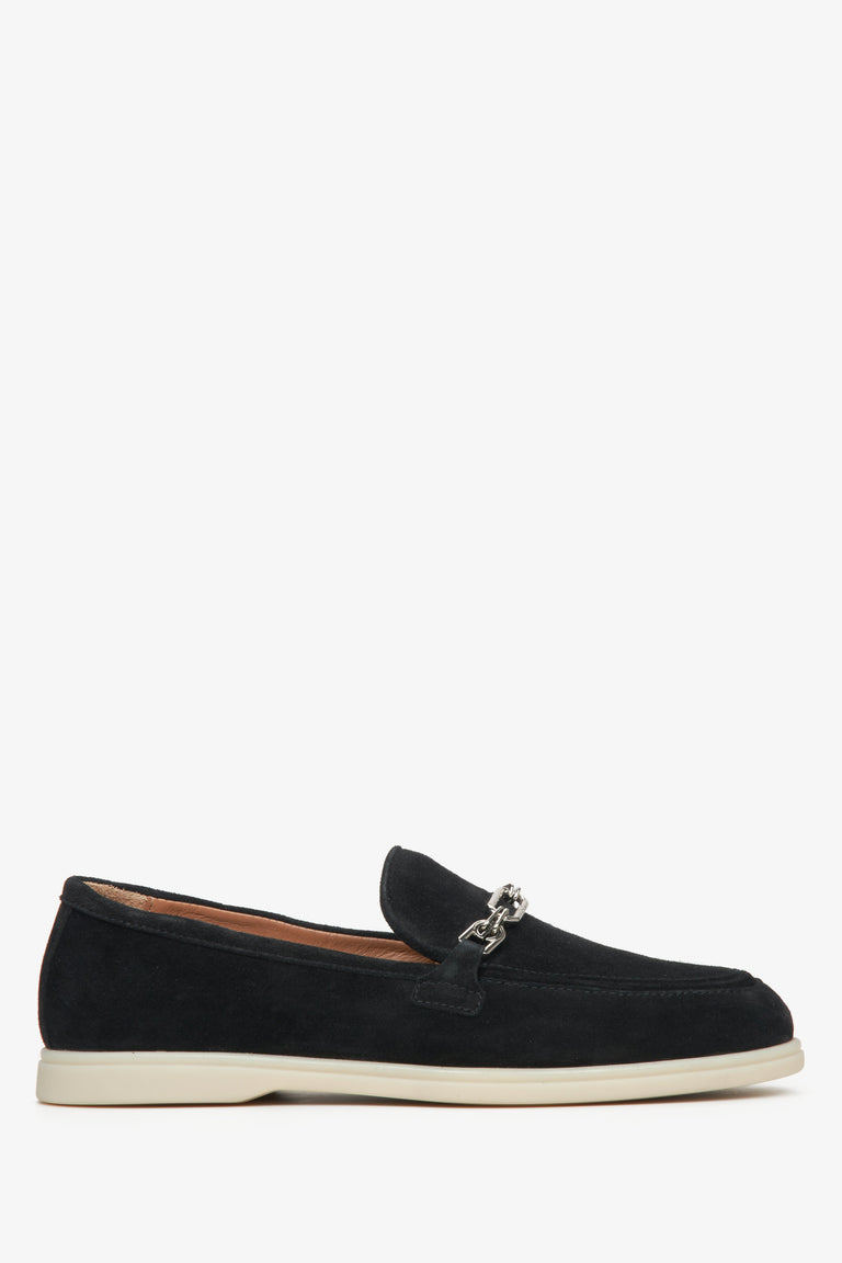 Women's Black Loafers made of Premium Italian Genuine Velour with a Silver Chain Estro ER00115615.