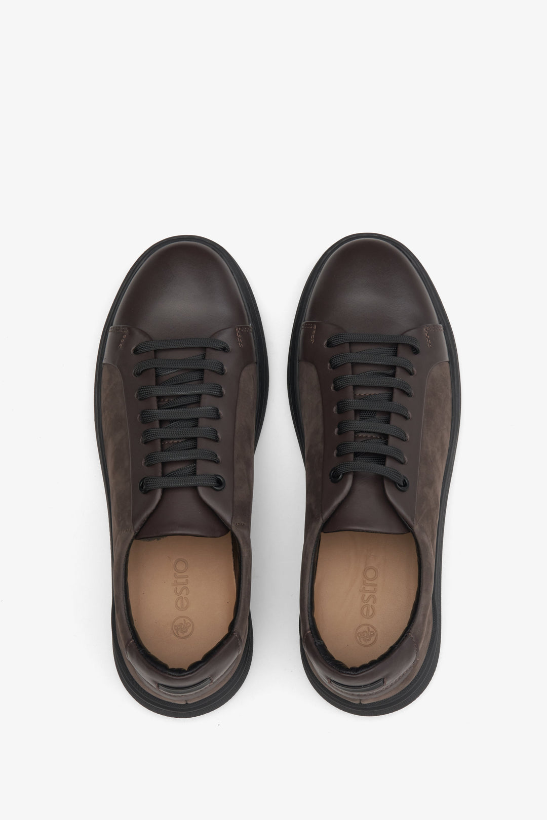 Dark brown leather and suede men's sneakers by Estro - top view presentation of the model.