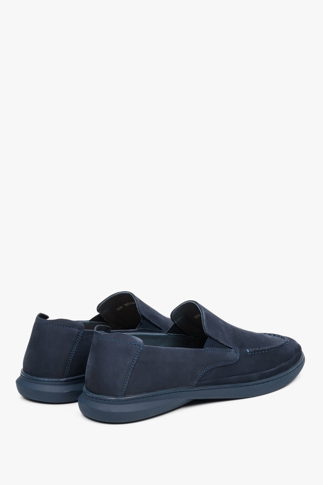 Estro men's nubuck moccasins in blue - close-up on the back and side of the shoe.
