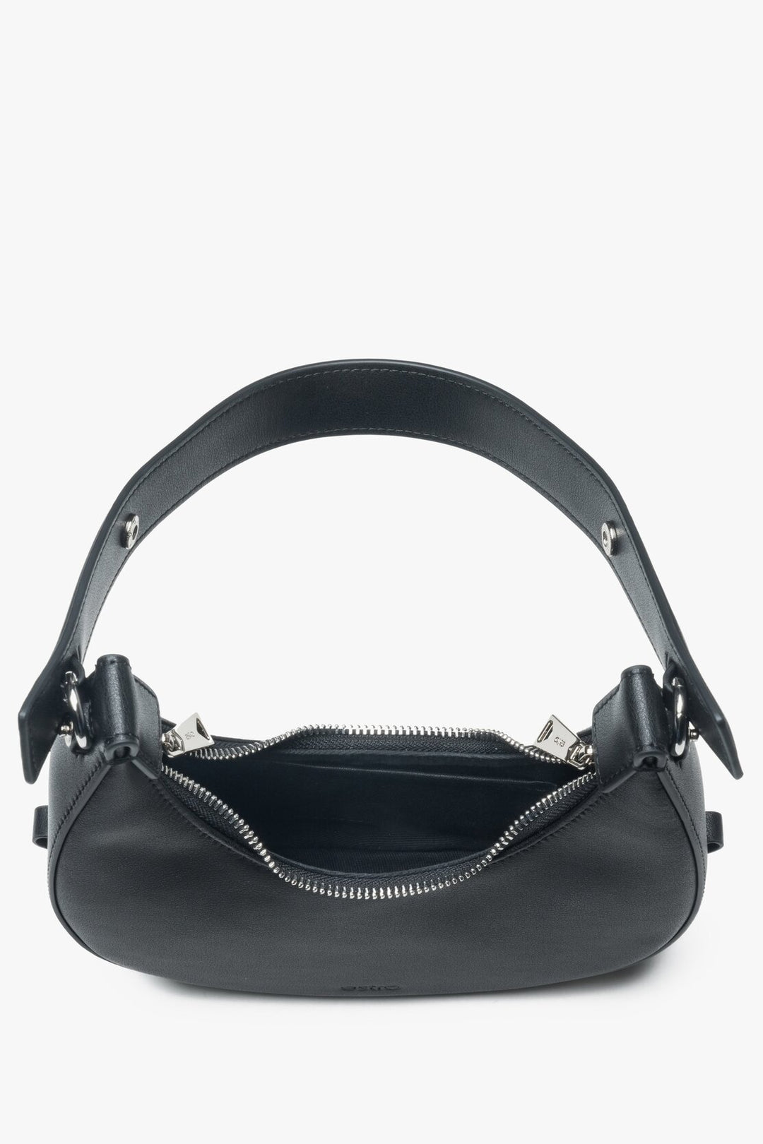 Stylish black women's crescent-shaped handbag from Estro – interior.