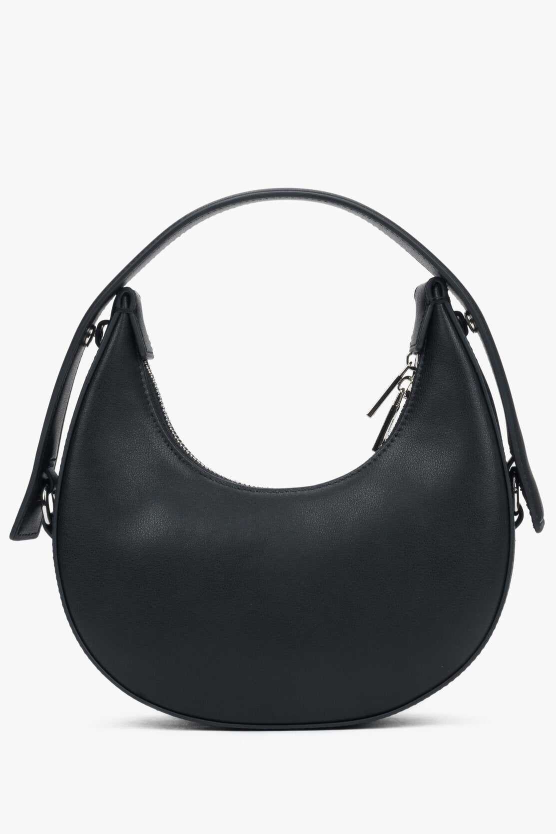 Crescent-shaped black and versatile handbag, perfect for various occasions, from Estro.