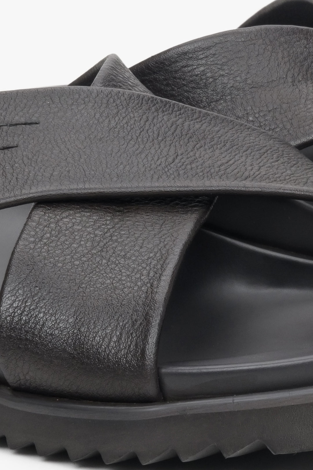 Men's dark brown leather sandals by Estro - close-up on the details.
