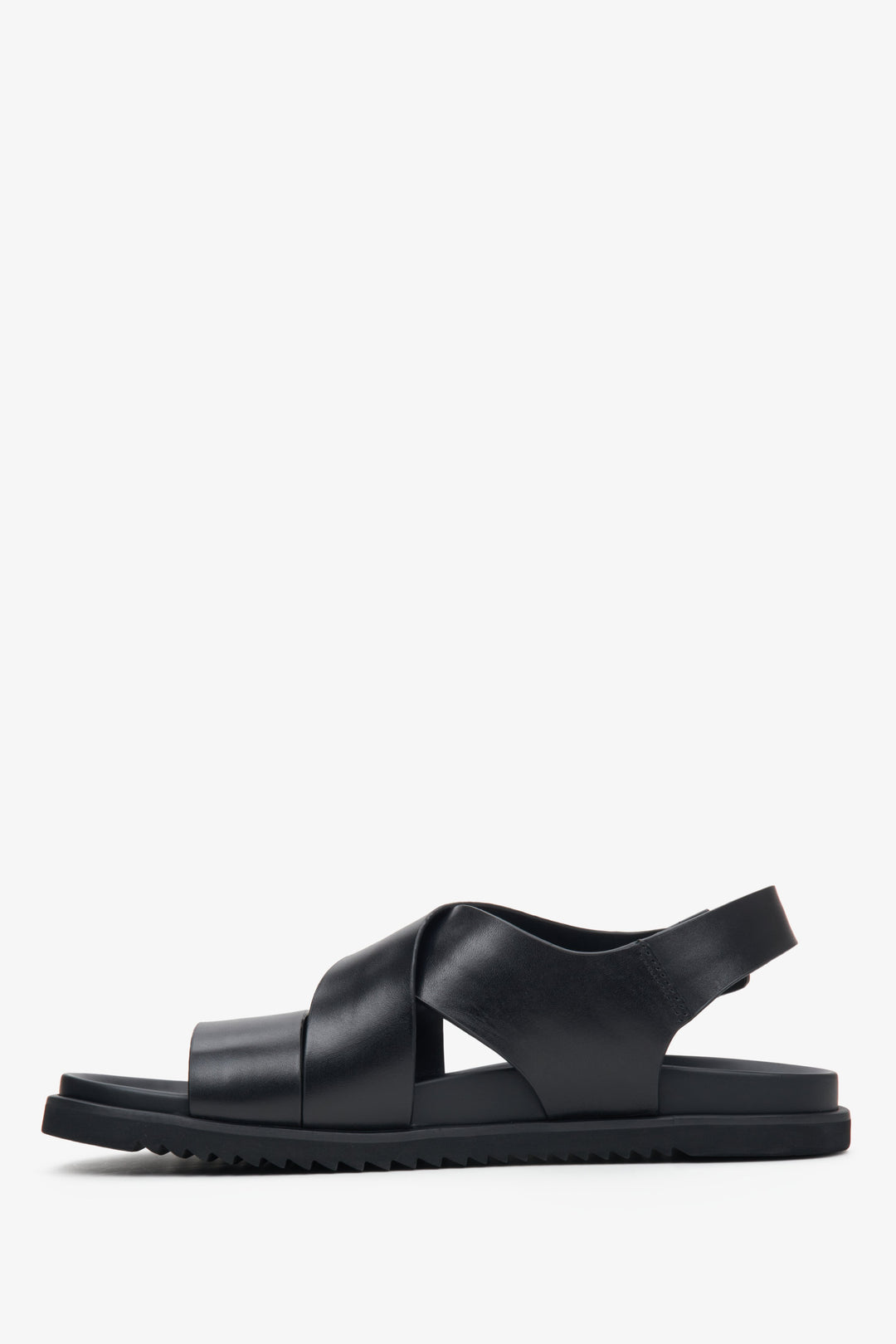 Men's black sandals made of genuine and eco leather with thick, crisscrossed straps for summer.