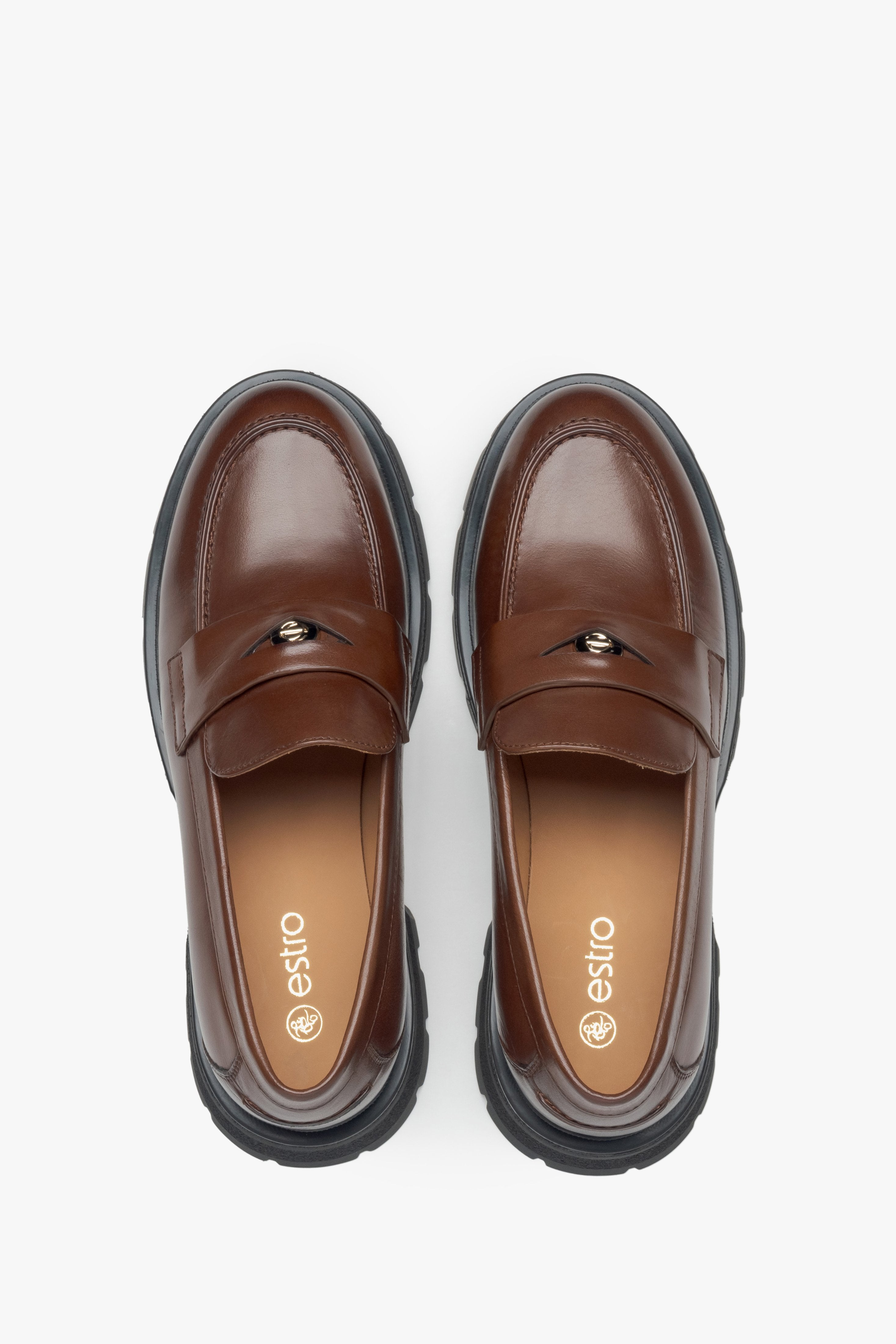 Brown leather loafers Estro - top view.