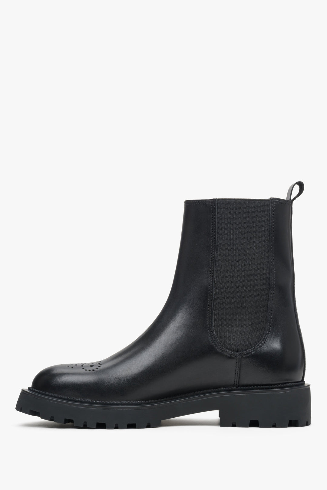 Women's black leather ankle boots - profile view of the Estro brand boot.