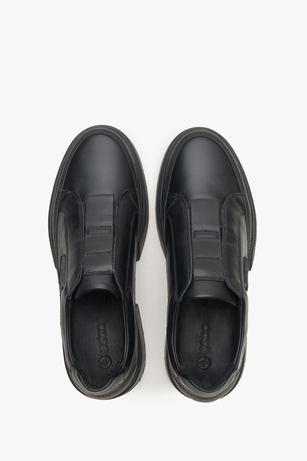 Men's black slip-on sneakers made of genuine leather by Estro - top view presentation of the model.
