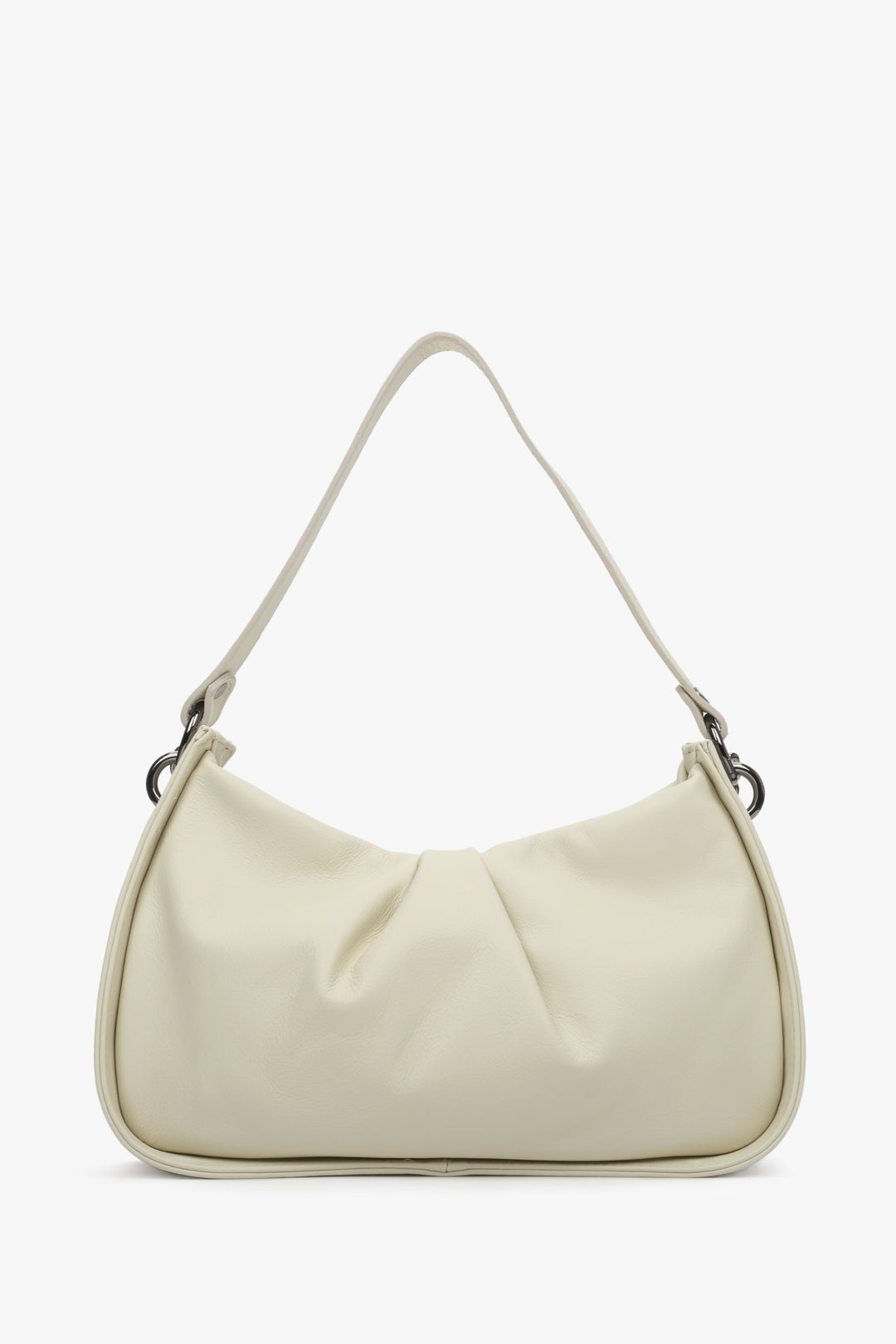 Women's white leather shoulder bag by Estro - back view of the model.