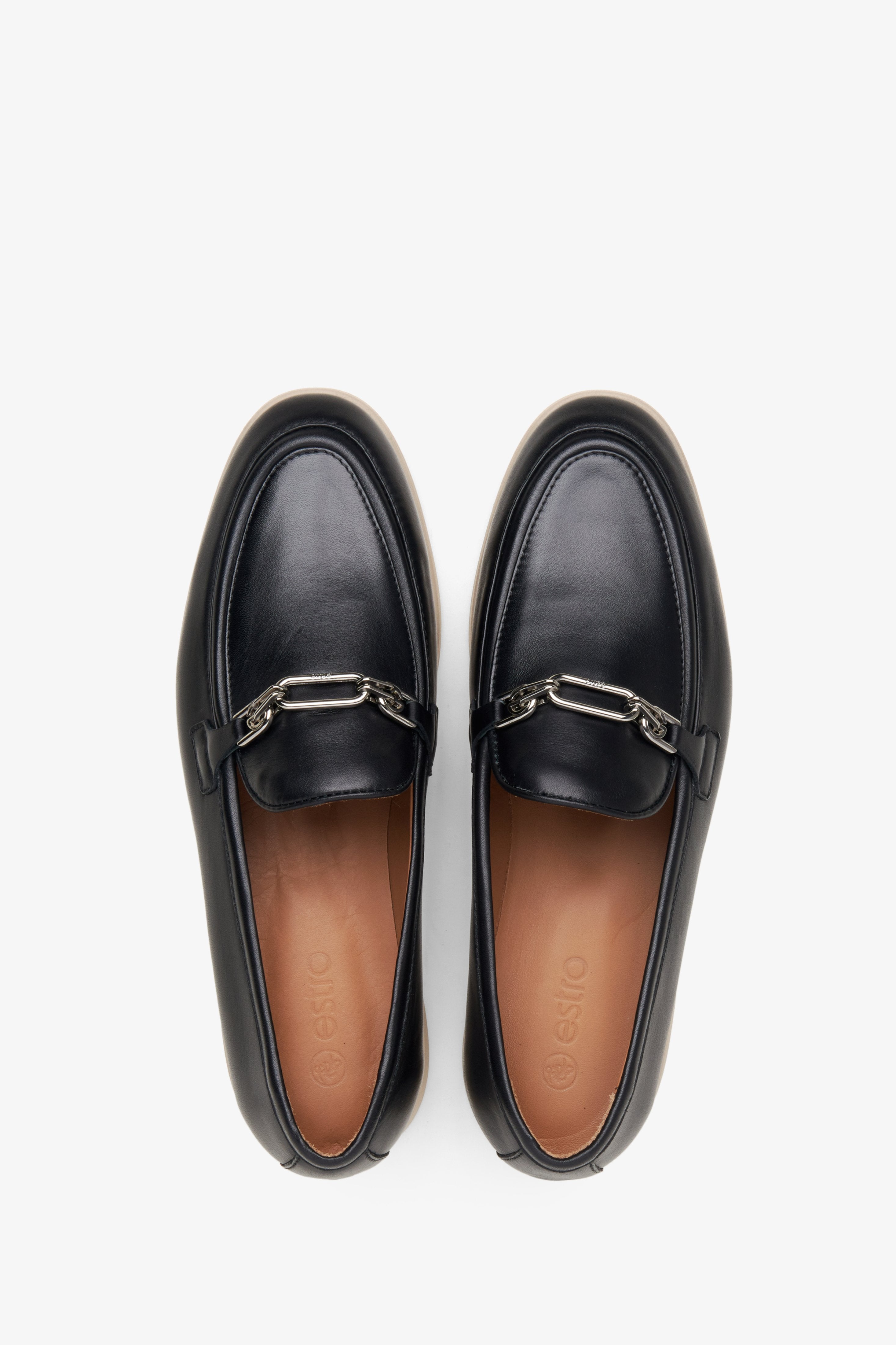 Estro women's black leather loafers - top view of the model.