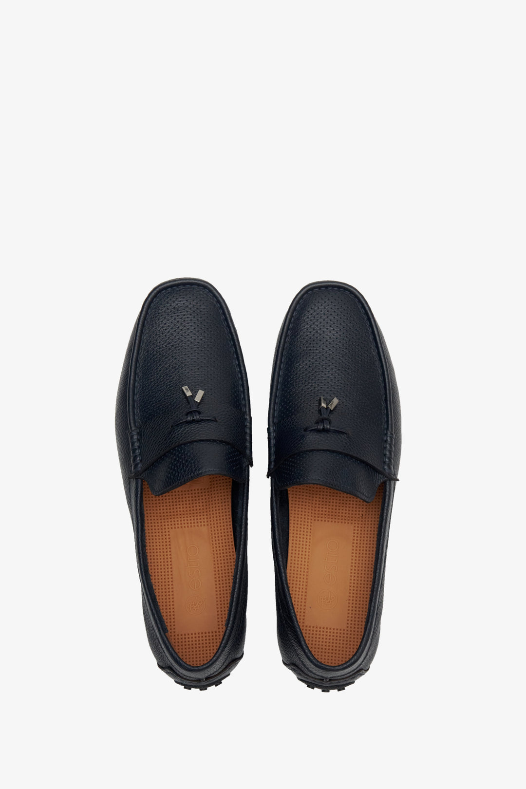 Leather, navy blue men's loafers by Estro - top view shoe presentation.