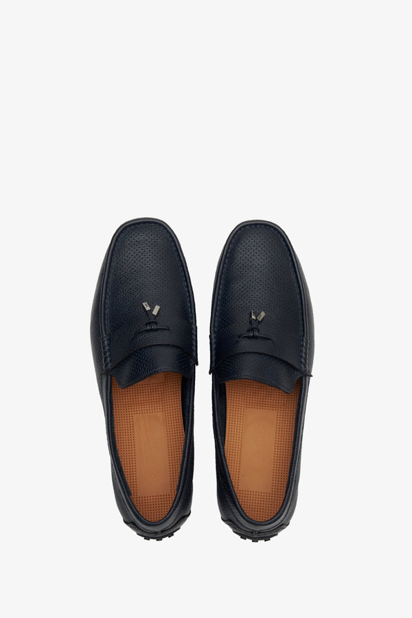 Leather, navy blue men's loafers by Estro - top view shoe presentation.