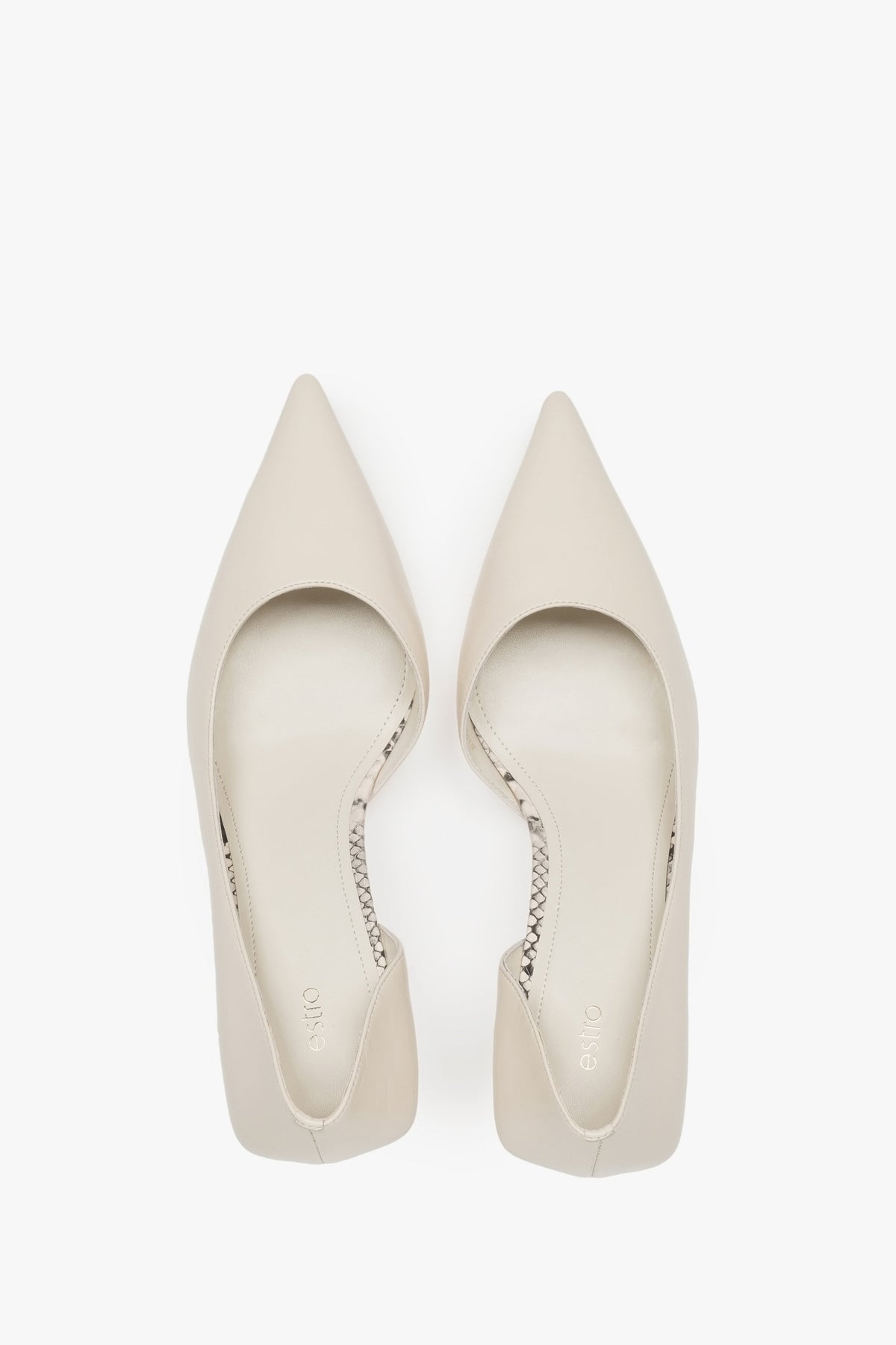 Timeless beige Estro women's high heels made of genuine leather - top view presentation.