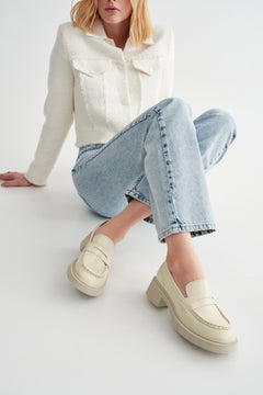 Women's Light Beige Penny Loafers with Sturdy Heel made of Genuine Leather