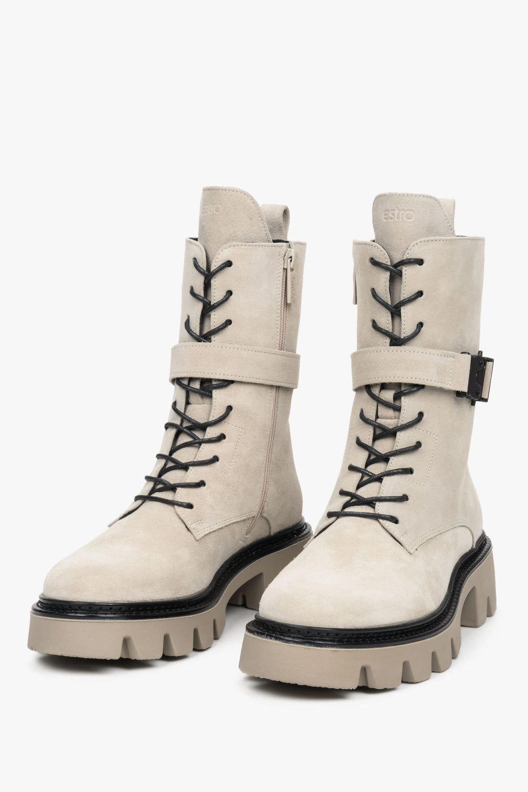 Women's high velvet boots in natural beige color with a zipper by Estro - presentation of shoe toe.